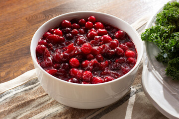 A view of a bowl of cranberry sauce.