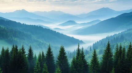 misty mountains covering valleys with a dense forest of coniferous trees in the foreground, creating a tranquil and serene landscape, highlighted by soft morning light