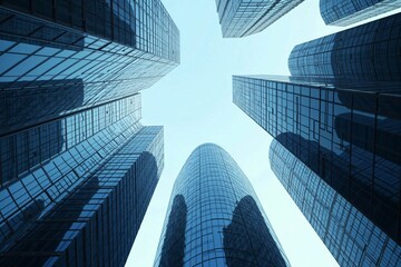 Fototapeta premium Upward View of Futuristic Skyscrapers - Modern Urban Architecture in Business District