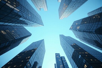 Upward View of Futuristic Skyscrapers - Modern Urban Architecture in Business District