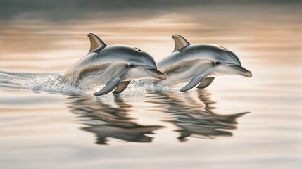 Fototapeta premium Playful Dolphins Swimming Together in Sunset Glow