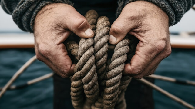 Close-up of hands holding a coiled rope on a boat, with a blurred water background, depicting maritime work or nautical activity.
