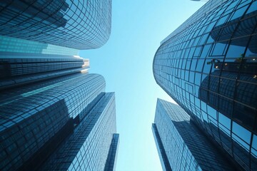 Fototapeta premium Blue Skies and Towering Skyscrapers - A Perspective on Modern City Architecture