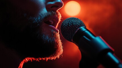 Bearded male singer passionately singing into microphone, close-up side view, dramatic concert lighting, vibrant night stage, live music performance, intense emotion, singer-songwriter