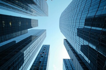 Fototapeta premium Blue Skies and Towering Skyscrapers - A Perspective on Modern City Architecture