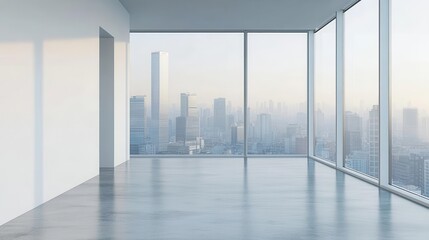 modern industrial style office corner with sleek white walls, concrete flooring, and panoramic windows offering a blurry cityscape view, designed for productivity and innovation