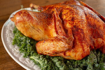 A closeup view of a roasted turkey.