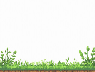 8 bit Pixel Background With Grass Lawn On Bottom, Empty Copy Space For Text, Copy space Banner With Pixelart Elements, Game Design Background