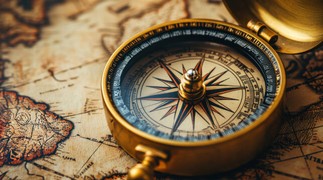 Golden compass on aged map, exploration and navigation, ancient world map, travel and discovery, brass compass tool, historical treasure, maritime adventure, retro navigation tool