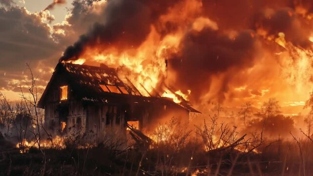 Old wooden house or barn engulfed in flames against dramatic sunset sky, depicting rural disaster and destructive wildfire. Cinematic background for the wallpaper of a village