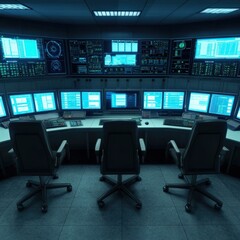 Naklejka premium Futuristic Control Room with Multiple Monitors and High-Tech Equipment for Operations Management