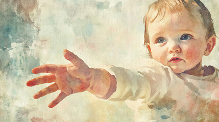 Fototapeta premium Watercolor of a baby reaching out, soft colors and textures highlighting curiosity and wonder