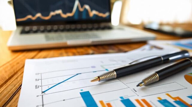 Financial reports and graphs on wooden desk. Business analytics with laptop, smartphone, and ballpoint pens. Data visualization for market trends and performance metrics.