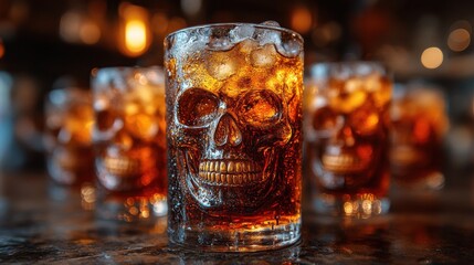 Multiple skull glasses with dark cocktails in eerie bar, spooky drinks, Halloween atmosphere, skull glassware, horror theme, chilling beverages, gothic bar setting, party drinks