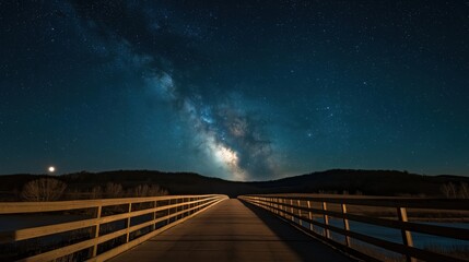 Fototapeta premium A wooden bridge leading into a starry night sky with the Milky Way visible.