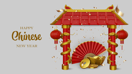 chinese new year banner with realistic 3d temple and gold snakes. chinese new year greeting card with gold ingot and coins and folding fan. snake year background
