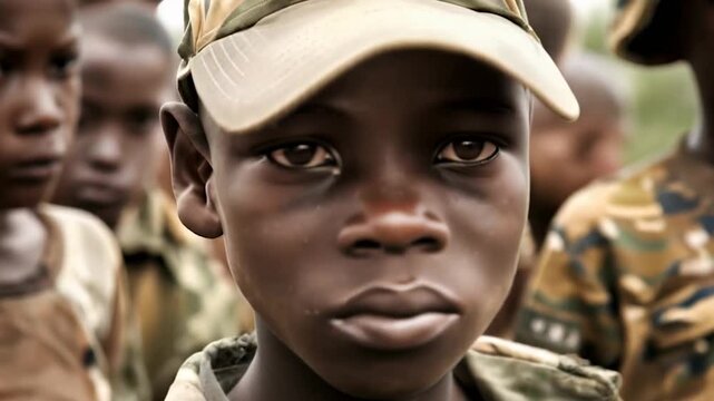 Young African little boy in military cap, part of armed group. Close-up shows solemn black face, symbolizing lost innocence. Other child soldiers visible in background