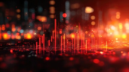 Dynamic stock market data visualization in red hues, featuring candlestick charts and glowing light effects, representing volatility and urgency in the financial market. Ideal for trading