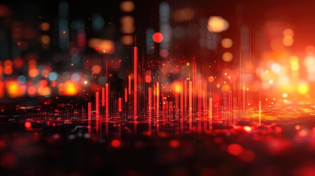 Dynamic stock market data visualization in red hues, featuring candlestick charts and glowing light effects, representing volatility and urgency in the financial market. Ideal for trading