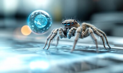 A close-up of a spider on a surface with a glowing orb nearby.