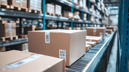 Fototapeta premium Healthcare supply chain concept showing a cardboard box on a conveyor in a modern warehouse, symbolizing efficient medical logistics.