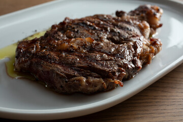 A view of a ribeye steak.