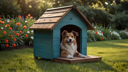 Fototapeta na wymiar cozy dog house in a sunny, green yard
