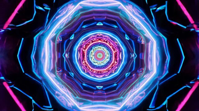 kaleidoscope pattern with neon lights, octagon shaped tunnel