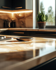 Fototapeta premium product photography, an empty, elegant surface made of marble, accessories placed on the edges of the composition against a rustic kitchen, close-up, high angle, lighting perspective studio,