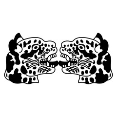 Symmetrical animal design with two kissing heads of jaguar or ocelot cat. Indigenous Native American art of Aztec or Mixtec Indians from Mexican codex. Black and white silhouette.
