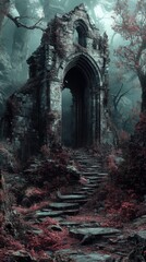 Obraz premium Ruined stone archway leading into a misty forest with red foliage and a path of stone steps .