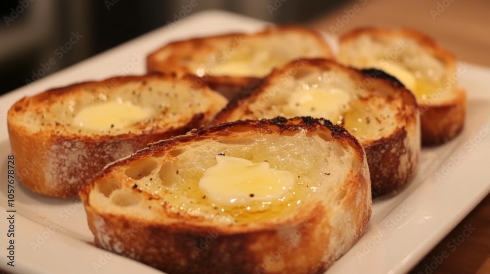 Poster crispy bread slices with butter and garlic topping