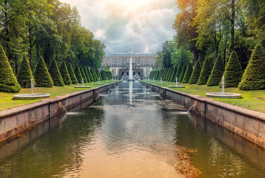 PETERHOF, RUSSIA Sea Canal overlooking the Grand Peterhof Palace