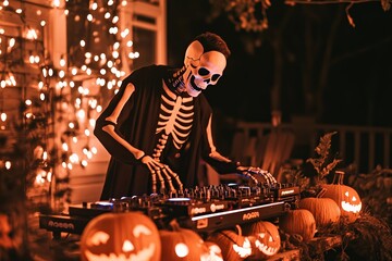 Dj in a skeleton outfit spins tunes on a mixing console amidst carved pumpkins at a nighttime...