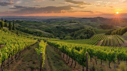 A panoramic view of the vineyards at sunset, with rows of grapevines stretching across rolling hills and fields.