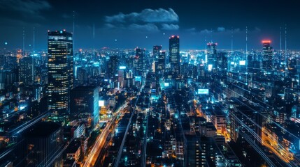 A city at night with many tall buildings and lights