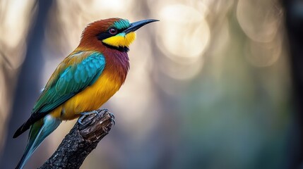 Obraz premium A close-up wildlife photograph of a colorful bird perched on a tree branch, with the forest blurred in the background.