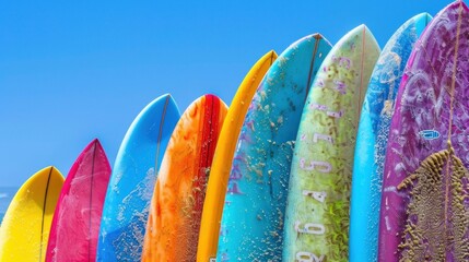 A row of colorful surfboards lined up on the beach
