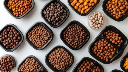 pet food products for both cats and dogs arranged aesthetically, showcasing variety in flavors and packaging, catering to the needs of beloved pets