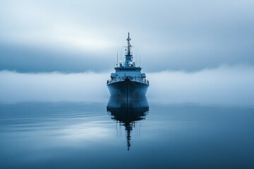 military ship faced front view in calm sea 