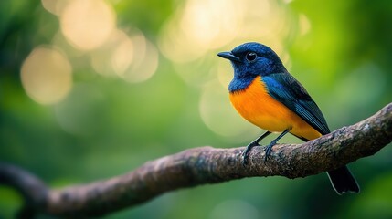 Obraz premium A close-up wildlife photograph of a colorful bird perched on a tree branch, with the forest blurred in the background.