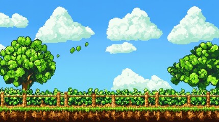 Vibrant Pixel Art Landscape with Trees and Clouds