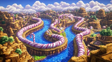 Fototapeta premium Colorful Candy Landscape with River and Mountains