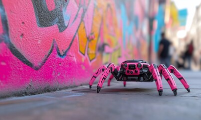 Obraz premium A robotic spider on a vibrant street with graffiti art.