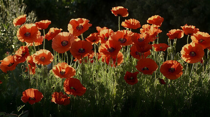 Obraz premium A field of bright red poppies in full bloom, backlit by the sun.