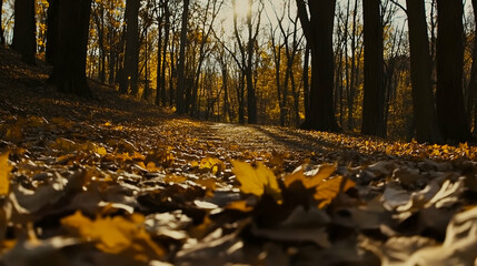A path through a forest with fallen autumn leaves.