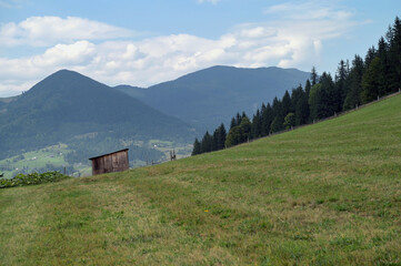  Panoramic view of idyllic mountain landscape in the Carpathians with fresh green mountain pasture, flowers and old wooden barn in springtime.