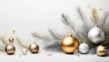 A minimalist, modern scene with a white background and scattered elegant silver and gold ornaments, creating a sophisticated and festive holiday atmosphere.