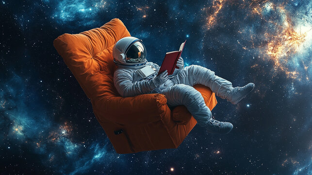 Astronaut relaxing in an orange armchair floating in space, reading a book with a backdrop of stars, creating a surreal and whimsical scene.