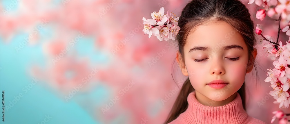 Poster delicate and vibrant cherry blossoms on branch filled with soft pink flowers and dreamy bokeh effect